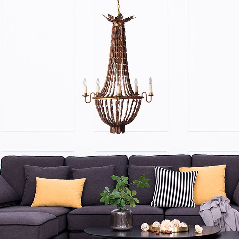 Empire Living Room Chandelier Lighting Vintage Wood 5 Lights Red Brown Pendant Light
