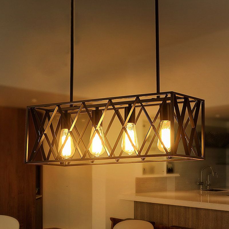 Black Cage Shape Island Pendant Light Industrial Metal Coffee Shop Chandelier Lamp