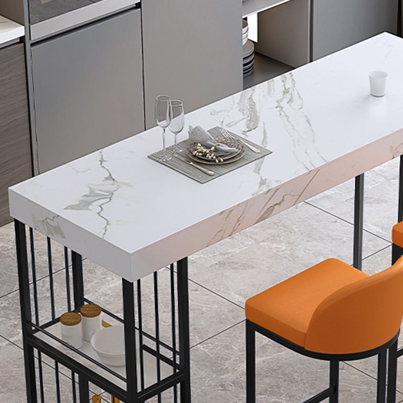 Stone Top Rectangle Bar Table with Metal Storage Base for Home