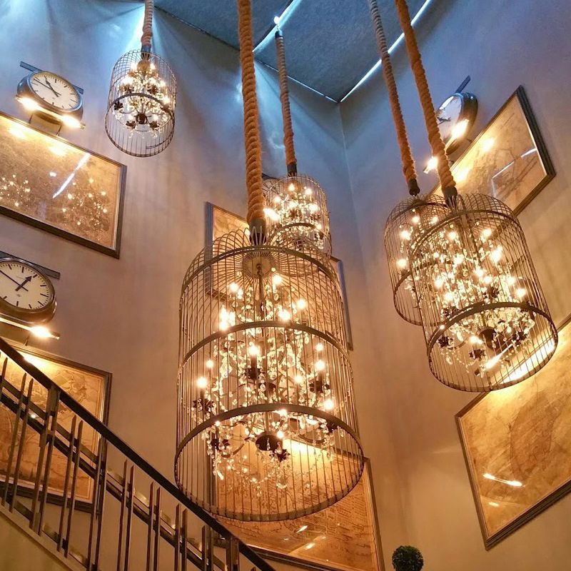 Farm Style Birdcage Chandelier Lamp Metal Pendant Light with Clear Crystal Drapes