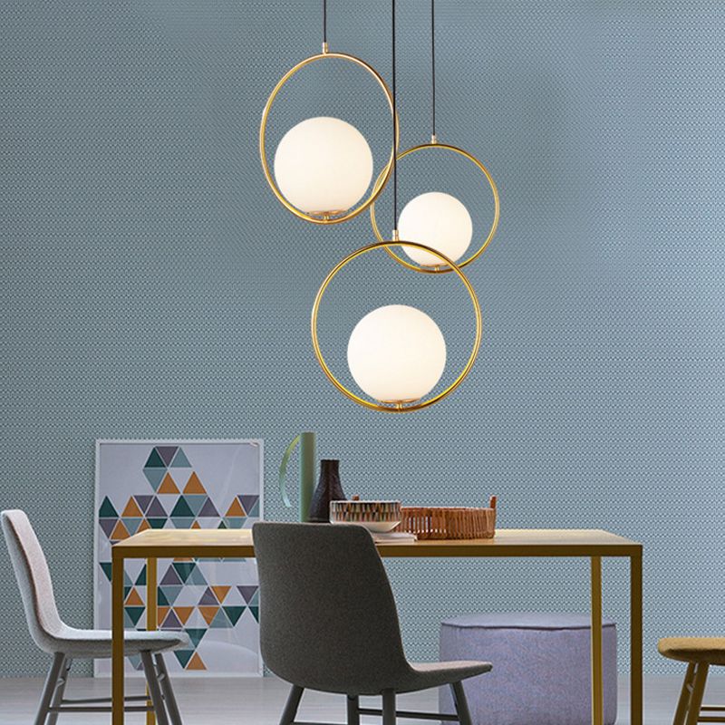 Gold 1 Light Round Metal Pendant Light Contemporary Opal Frosted Glass Shade Bedroom Hanging Lamp