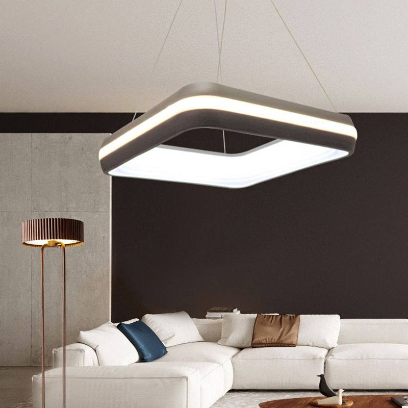 Metal Square Pendant Lighting Modern Led Grey Hanging Ceiling Lamp Fixture in Third Gear, 19"/25" Wide