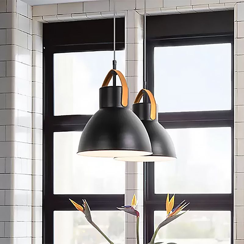 1 Head Hanging Light Industrial Domed Metallic Pendant Lamp with Glass Diffuser and Leather Strap in Black