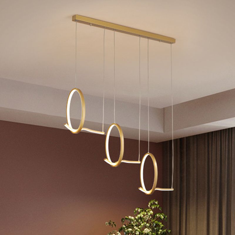 Metallic 3 Ringed Chandelier Lamp Modernist LED Hanging Light Kit in Black/Gold, Warm/White Light