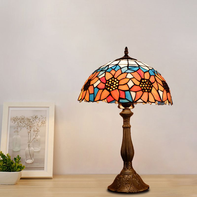Luz de mesa de sombra de tazón barroco 1 bombilla de vidrio cortado a mano de girasol iluminación de mesas de noche estampadas en amarillo/naranja