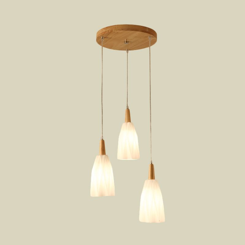 Mit de lampe suspendue à 3 légers japonais en verre en verre en verre blanc avec une verrière en bois rond