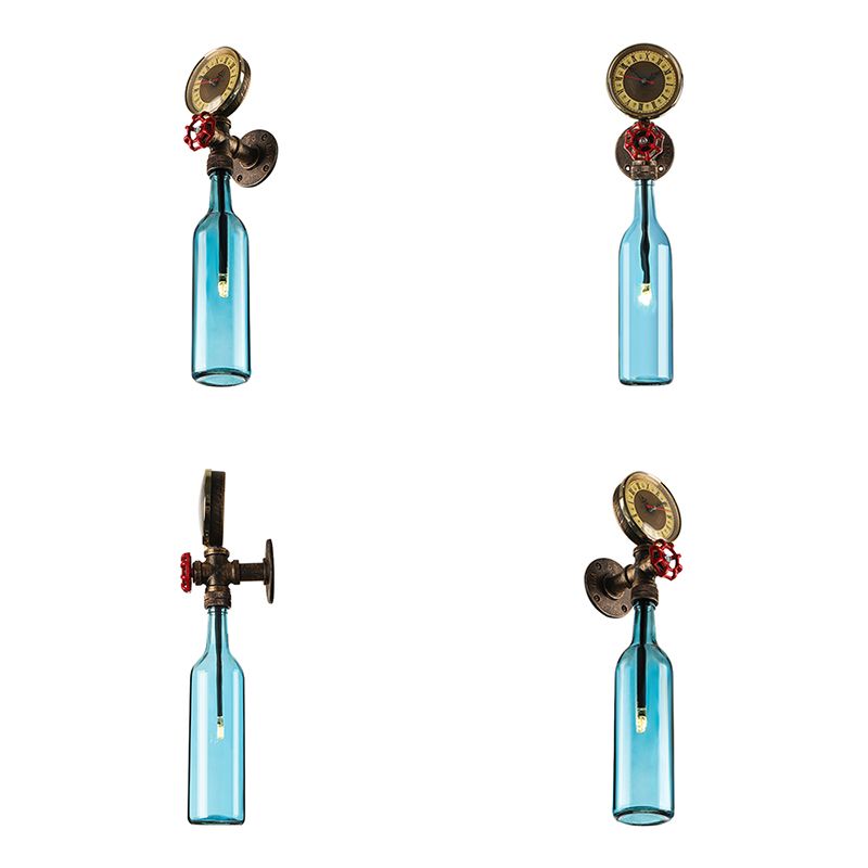 Brown/Blue Bottle Wall Sconce Lamp Vintage Stylish Glass 1 Bulb Living Room Wall Lighting with Gauge and Valve