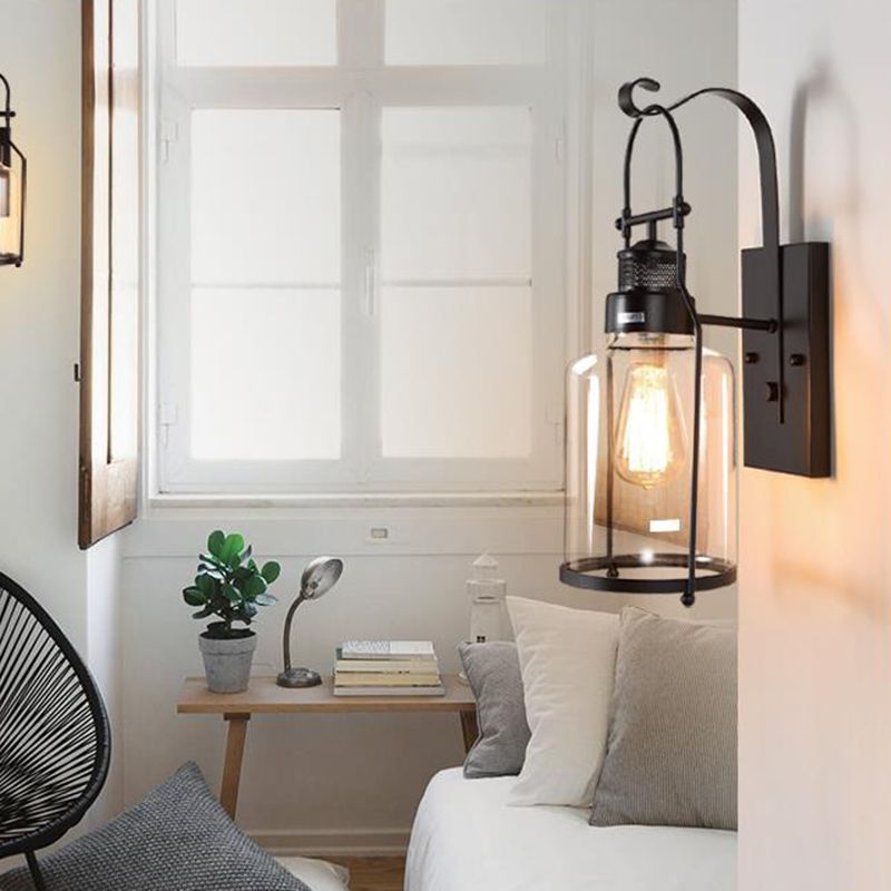 Schwarz 1-Licht-Wandmontage Leuchte Industrielle Clearglaszylinderlampe