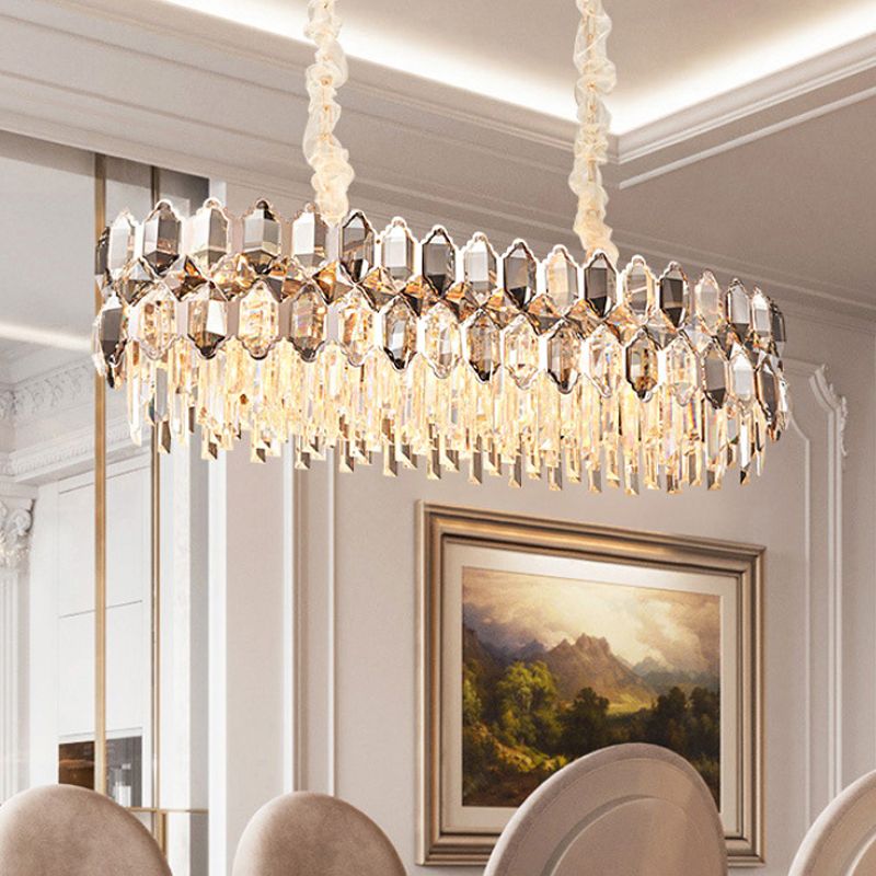 Gold Circle Suspension Pendant Light Modern Style Clear Crystal Prisms 12-Head Island Lighting Fixture