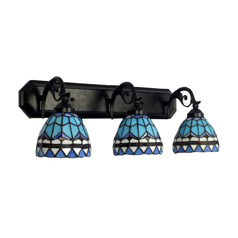 3 Heads Bowl Wall Mount Light Baroque Style Stained Glass Bathroom Vanity Light in Black Finish