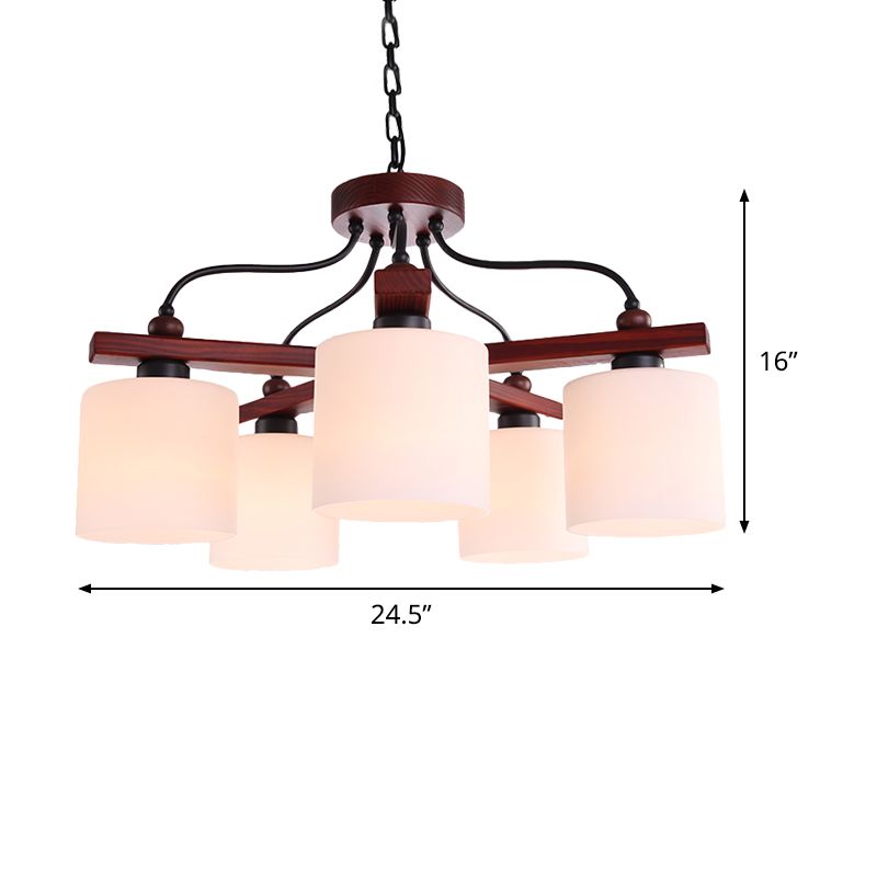 Retro cilindrische hangende kroonluchter 5 lichten crème glazen druppel hanger in bruin met houten arm