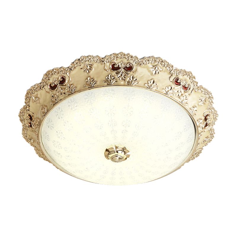 Milky Glass Dome Shaped Flushmount Retro Style LED Bedroom Close to Ceiling Lighting in Gold, 14"/16"/19.5" W