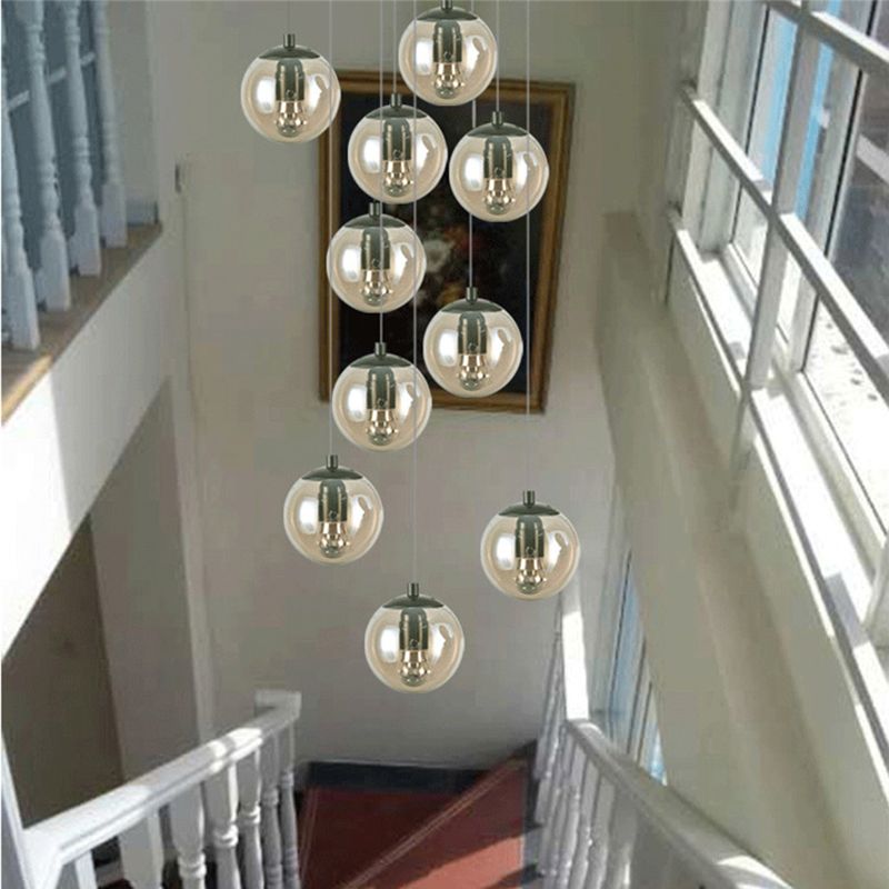 Simplicity Globe Cluster Pendant Cognac Glass 10-Light Stairs Hanging Ceiling Light