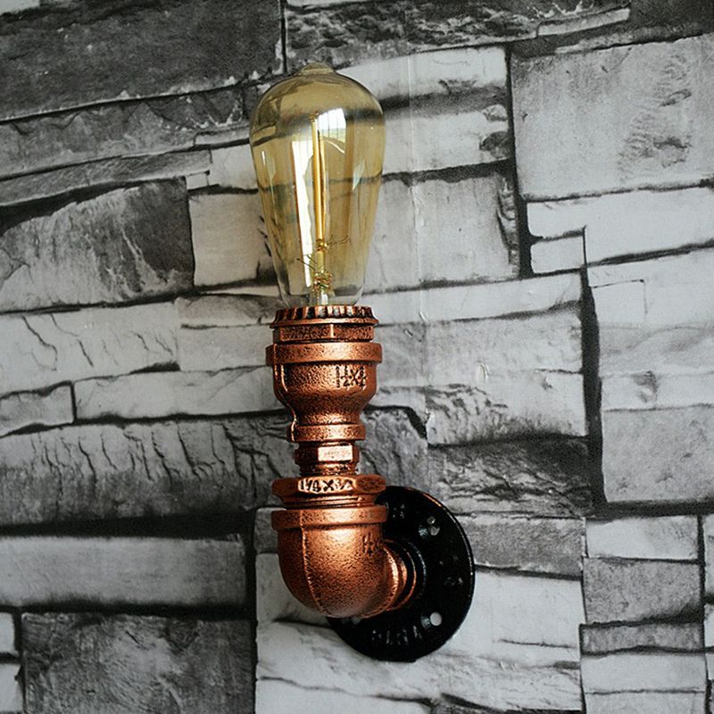 Single-Bulb Sconce Light Industrial Water Pipe Metal Wall Lamp in Rust for Garage