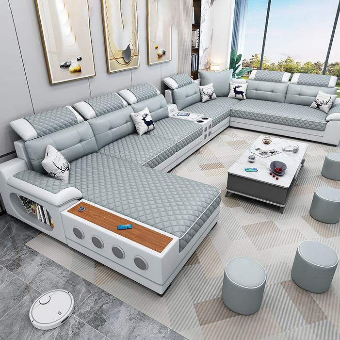 French Country Faux Leather Sectional Sofa with Pillow Top Arms