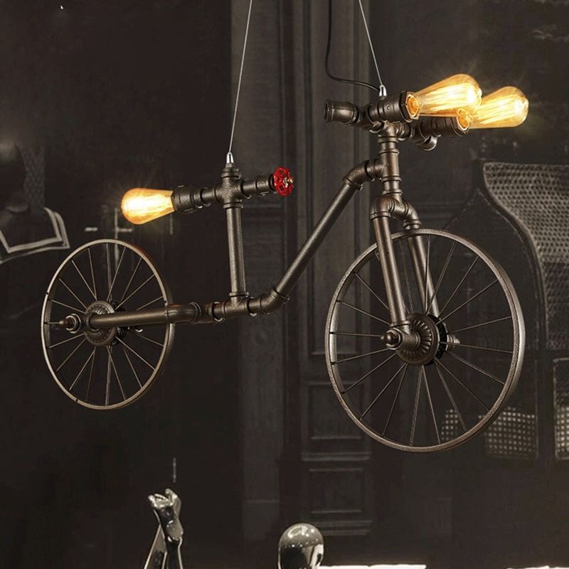 Iluminación colgante en forma de bicicleta de bronce estilo de metal antiguo 3 luces de techo interior con diseño de tubería