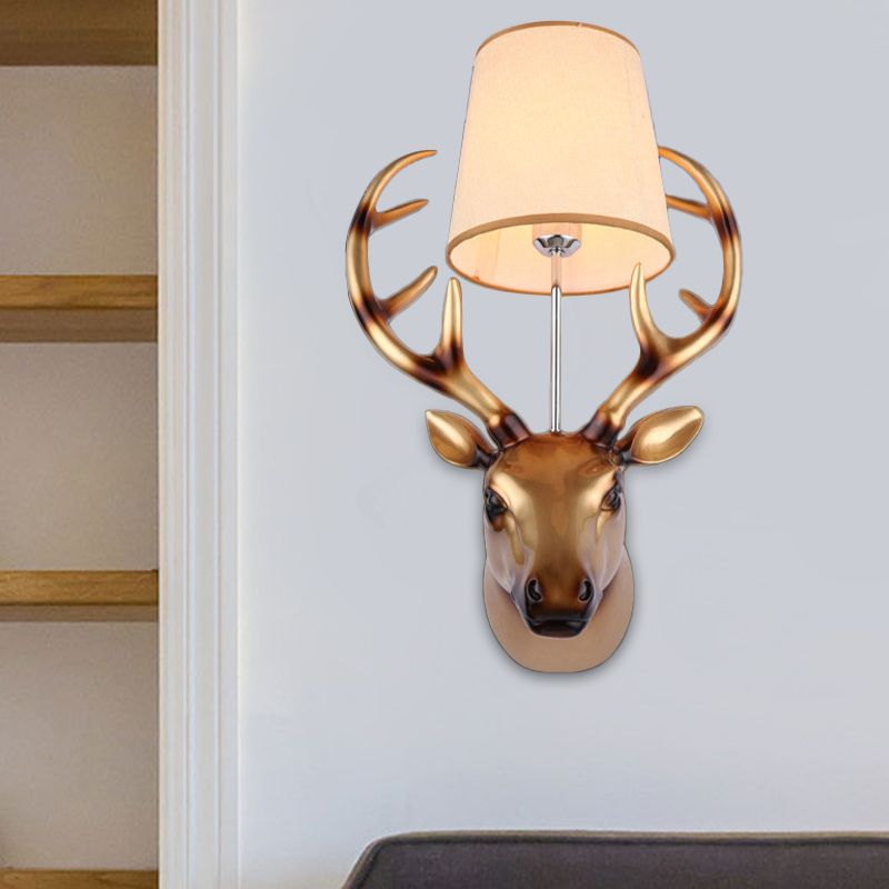 1 Light Elk Wall Lamp Country Bronze Resin Sconce Light Fixture for Dining Room with Cone Fabric Shade