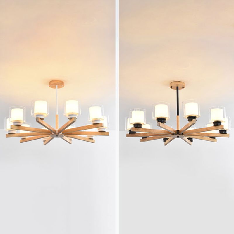 Wooden Chandelier Modern Living Room Suspension Lamp with Glass Shade
