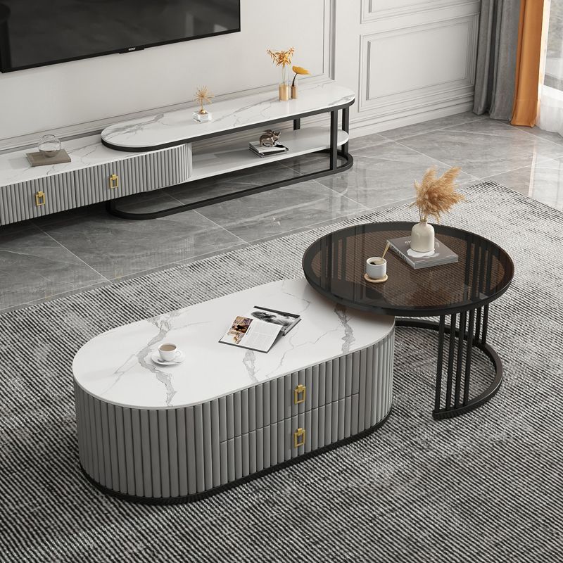 Round Coffee Table Slate Frame Nesting Coffee Table Set with 2 Drawers
