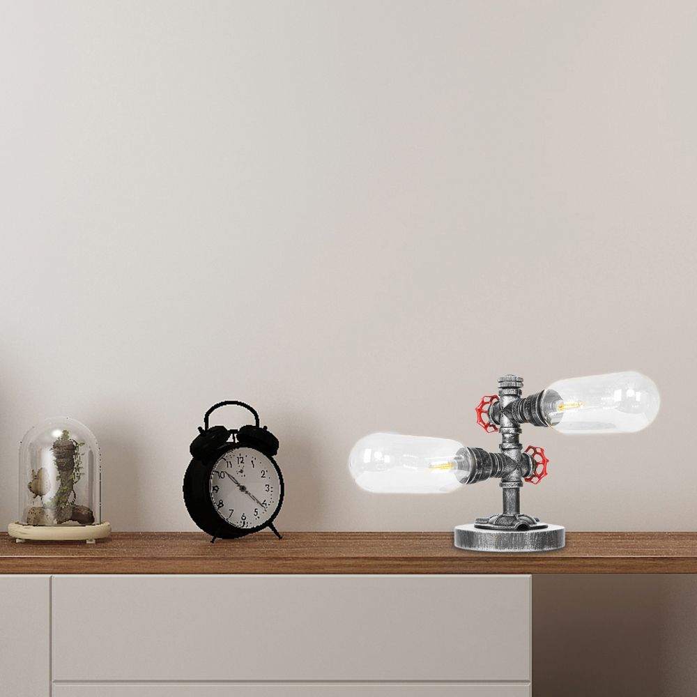 Lámpara de escritorio industrial de 2 luces con pantalla de cápsula de luz de mesa plateada antigua de vidrio transparente/ámbar para sala de estar