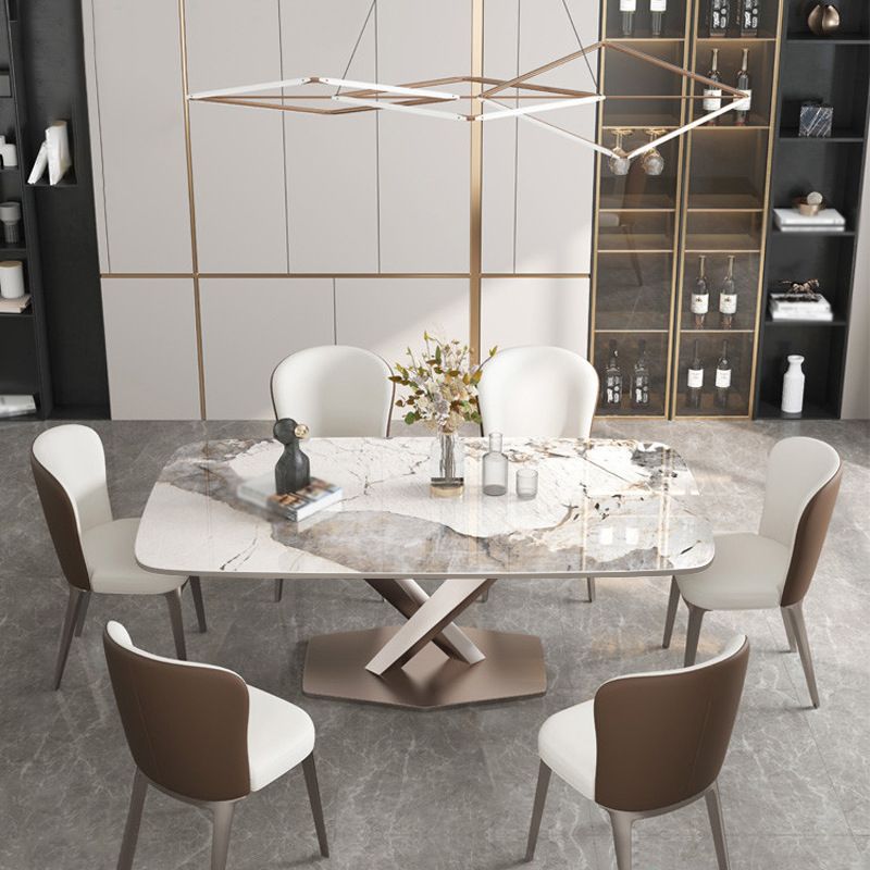 Rectangle Dining Table Stone Top Table with Stainless Steel Pedestal Base
