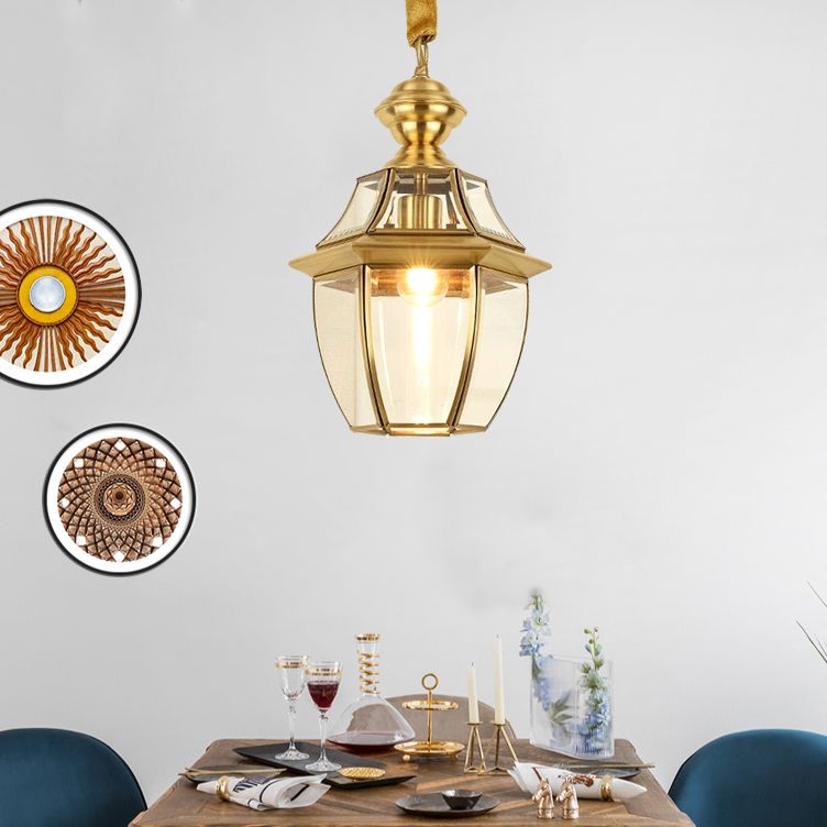 1 Bulb Earthen Jar Pendant Light Fixture Vintage Gold Clear Glass Hanging Ceiling Lamp, 6"/8.5" Wide