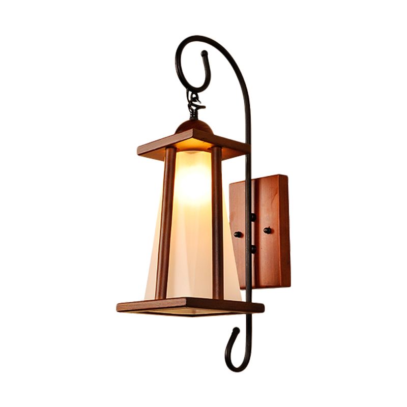 Trapezoid Bedroom Wall Lighting Rustic Frosted Glass 1-Light Brown Wall Light Sconce with Wood Frame