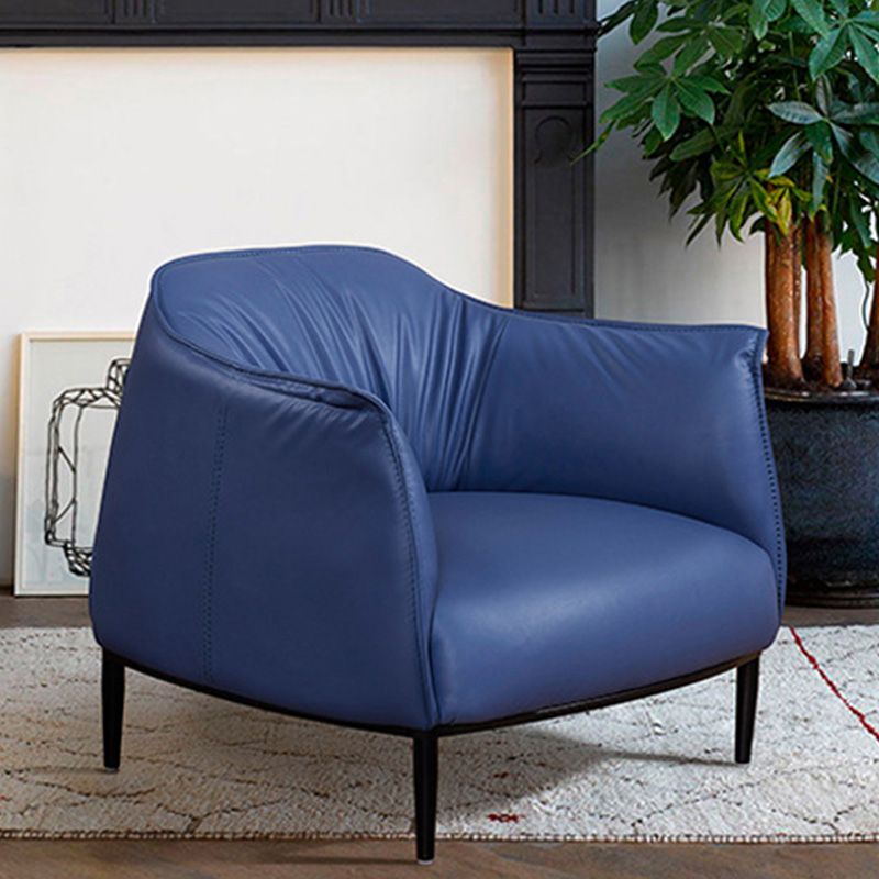 Solid Color Genuine Leather Arms Included with Black Legs Round Arms Barrel Chair