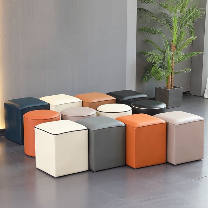Contemporary Pouf Ottoman Genuine Leather Upholstered Solid Color Ottoman
