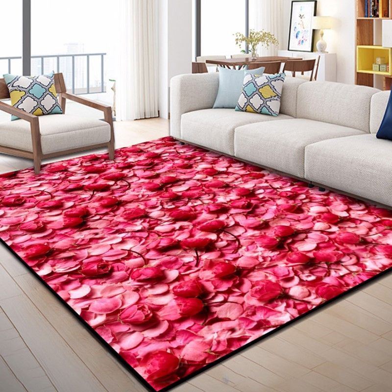 Modern Rose Flower Print Carpet Polyester Area Rug Non-Slip Backing Indoor Carpet for Living Room