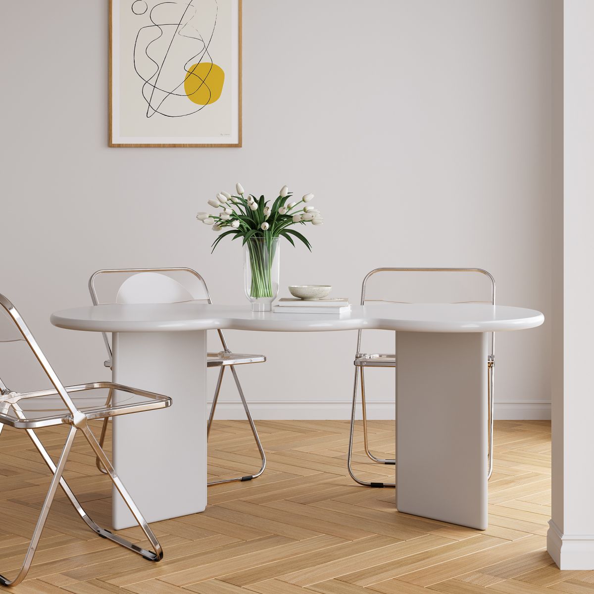 Free Form Solid Wood Dining Table Double Pedestal Furniture in Matte Finish