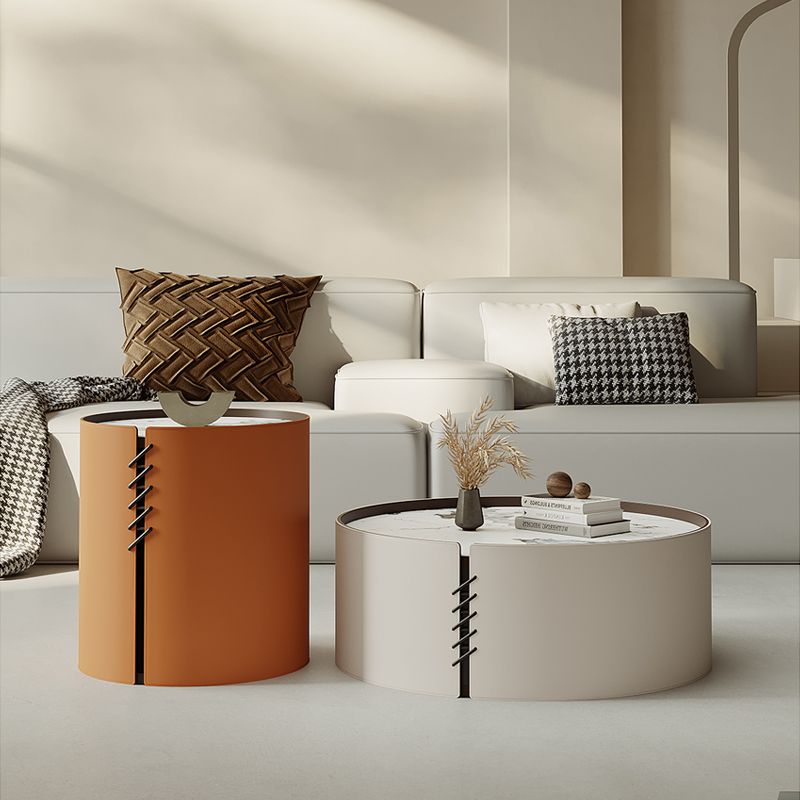 Contemporary Coffee Table Round Slate Drum Coffee Cocktail Table