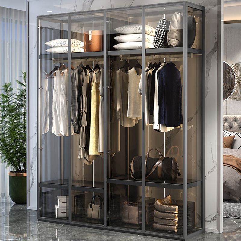Contemporary Tempered Glass Wardrobe Armoire Freestanding Wardrobe with Shelves