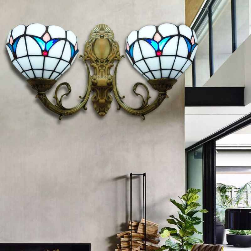 Stained Glass Domed Wall Sconce 2 Heads Traditional Tiffany Wall Lamp in White for Hotel