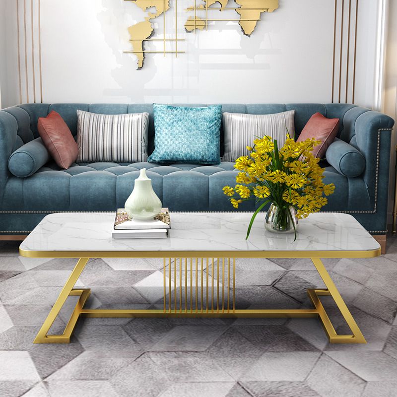 Glam Style Coffee Table with Trestle Base and Marble Top in Rectangle