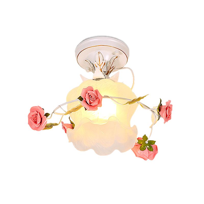 1 Light Ceiling Light Fixture Countryside Bloom Metal Flush Mount Lamp in White for Foyer