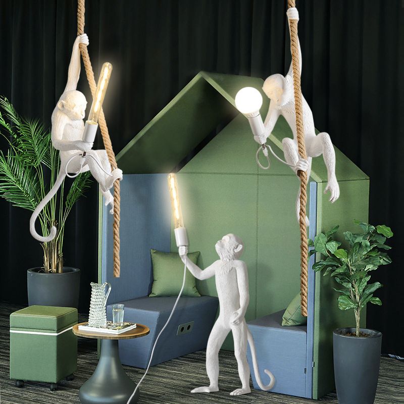 Resin Monkey Pendulum Light Novelty Lodge 1 Head Restaurant Ceiling Pendant in Gold/Black/White with Rope Cord