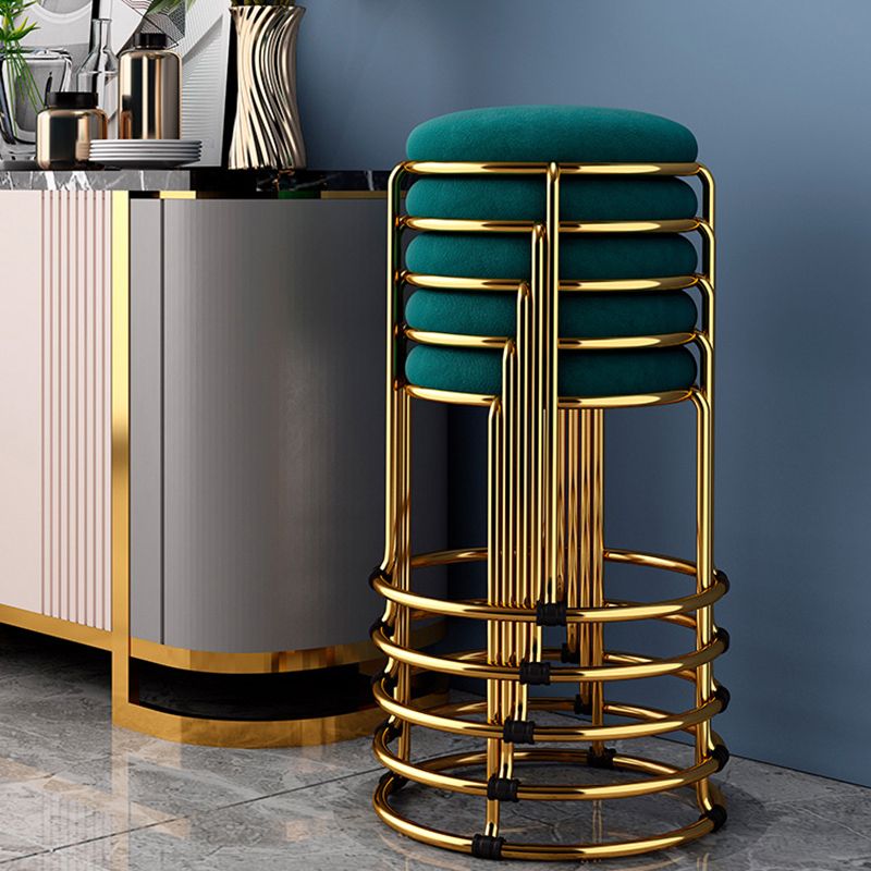 Velvet Upholstered Ottoman Solid Color Round Contemporary Metal Frame Ottoman