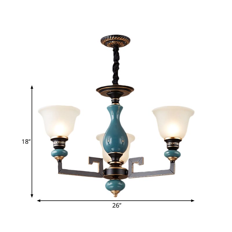 Blue-Black 3/5/6 Heads Pendulum Light Vintage Style Milky Glass Bell Shaped Hanging Chandelier
