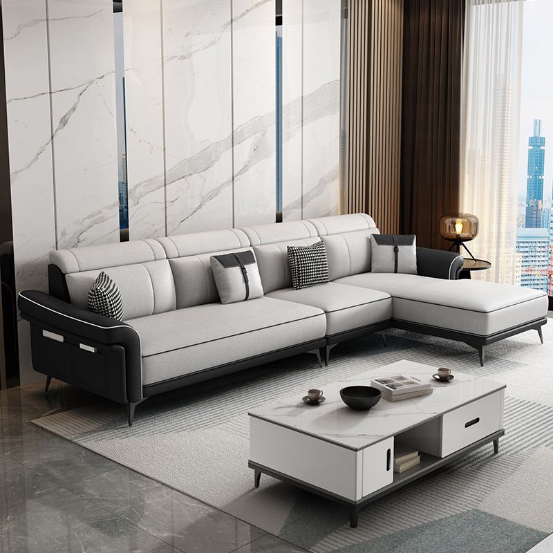 Faux Leather 4-Seater Sectional with Flared Arms and Storage for Living Room