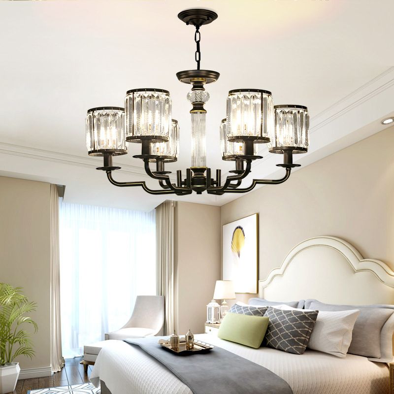 Black Finish Pendant Lamp Minimalist Crystal Cylinder Hanging Chandelier for Bedroom