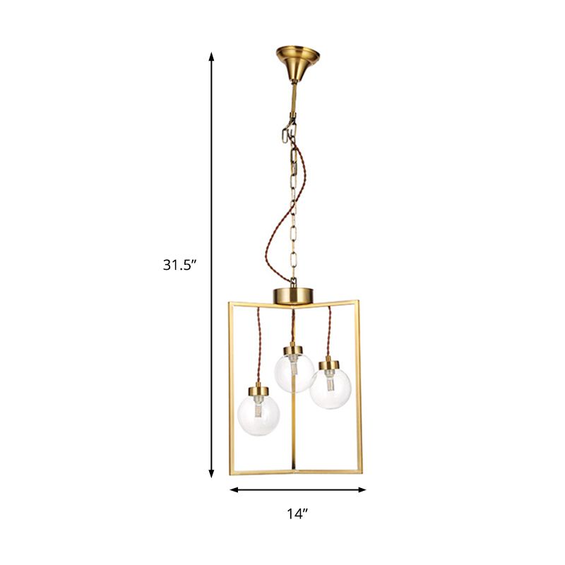Brass 3/4 Lights Chandelier Light Fixture Traditional Clear Glass and Metal Rectangle Pendant Lamp