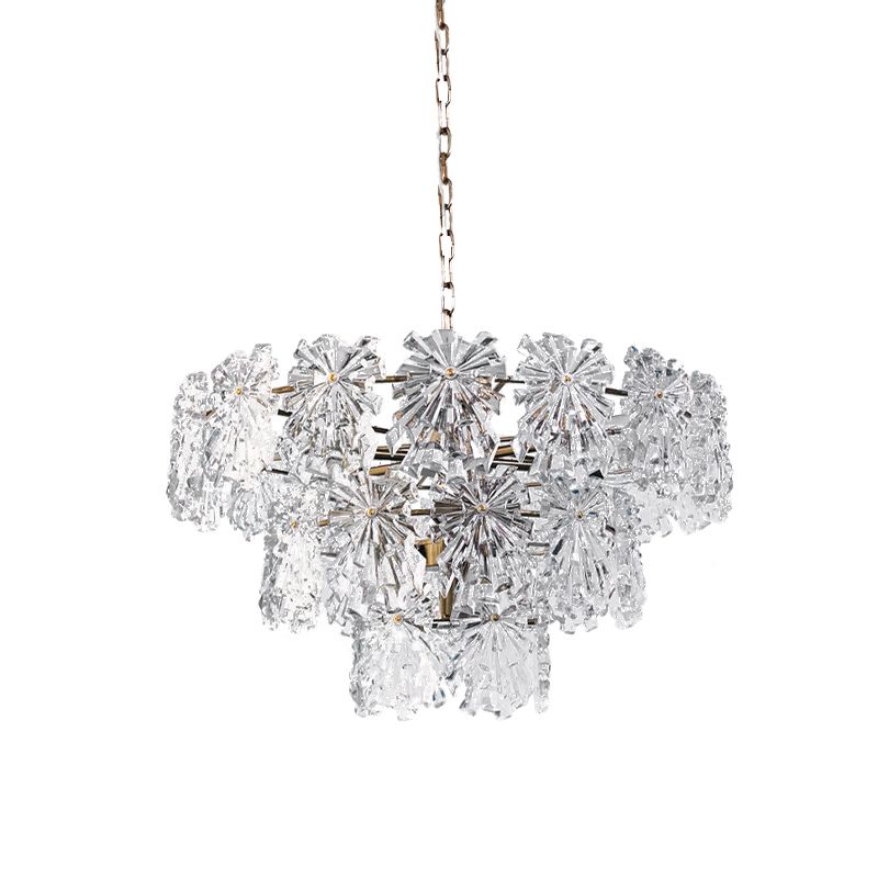 3 Tiers Snowflake Crystal Drop Lamp Modern 4/7 Bulbs 12"/17" Wide Dining Room Ceiling Chandelier in Gold