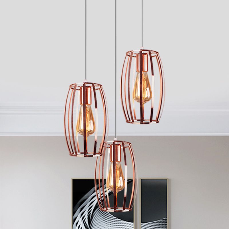 Eisenkupfer Hanging Lampe Ovaler Käfig Schatten 3 Lampen Industrielle stilvolle Deckenbehandlung mit runden/linearen Baldachin für Schlafzimmer