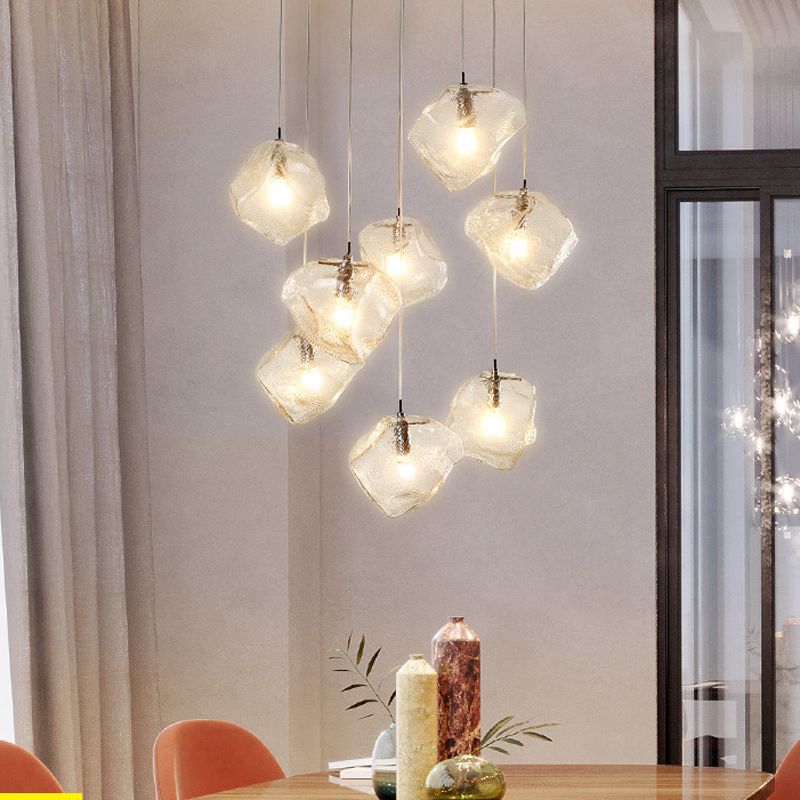 Rock Clear Glass Cluster Pendant Contemporary 5/6/8 Lights White Led Hanging Light Fixture with Round/Linear Canopy