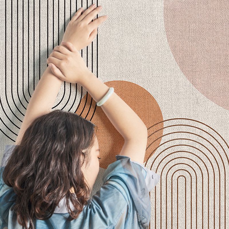 Round White Tone Home Decor Carpet Nordic Abstract Printed Area Rug Polyester with Easy Care Rug