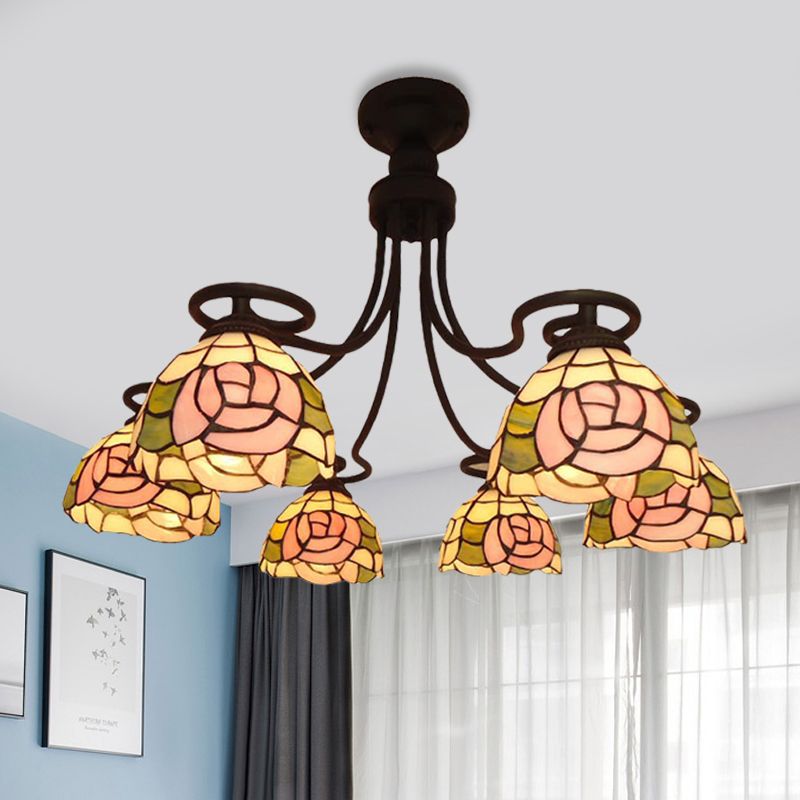 6 Lights Rose Semi Flush Mount Lighting Tiffany Pink Cut Glass Ceiling Light Fixture for Bedroom