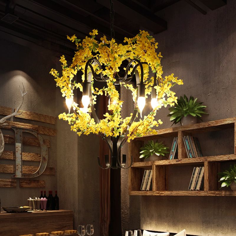 5 cabezas Candelier de colgante de hierro Canasta de flores negras tradicionales Compensión de techo de suspensión de restaurante
