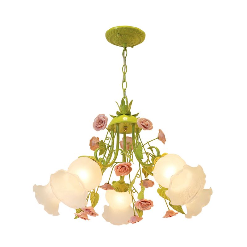 Pink/Green 5 Heads Chandelier Lighting Traditionalism Opal Glass Blossom Pendant Ceiling Light for Living Room