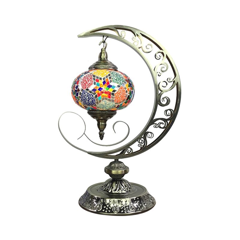 Global Bedroom Nightstand Lamp Decorative Stained Glass 1 Light White/Red/Pink Desk Light with Moon Design